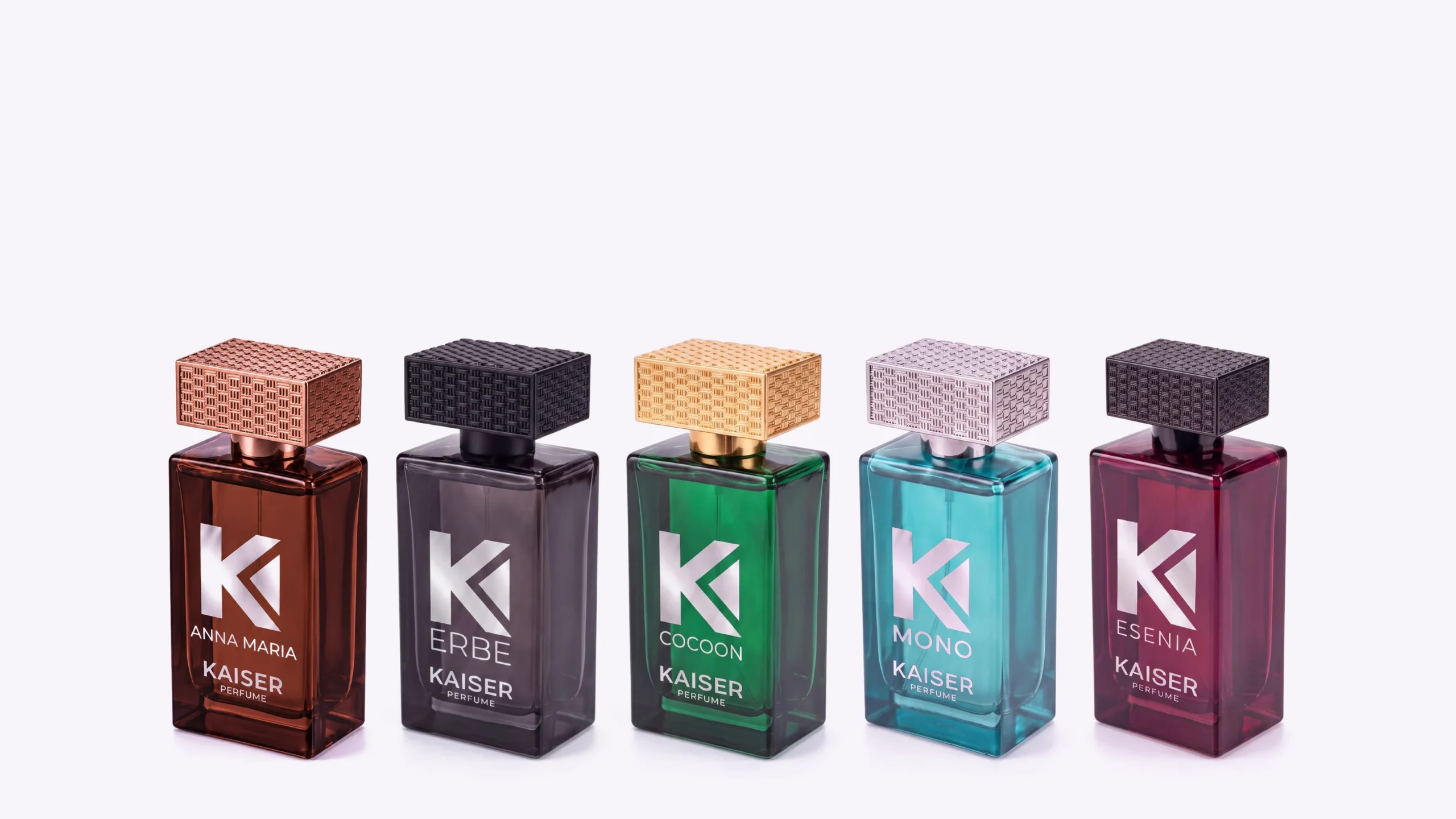 The five Kaiser Perfume fragrances: Anna Maria, Erbe, Cocoon, Mono, Esenia